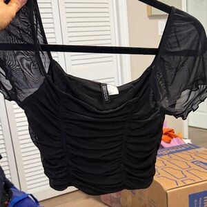 Divided Black Ruched Mesh Crop Top